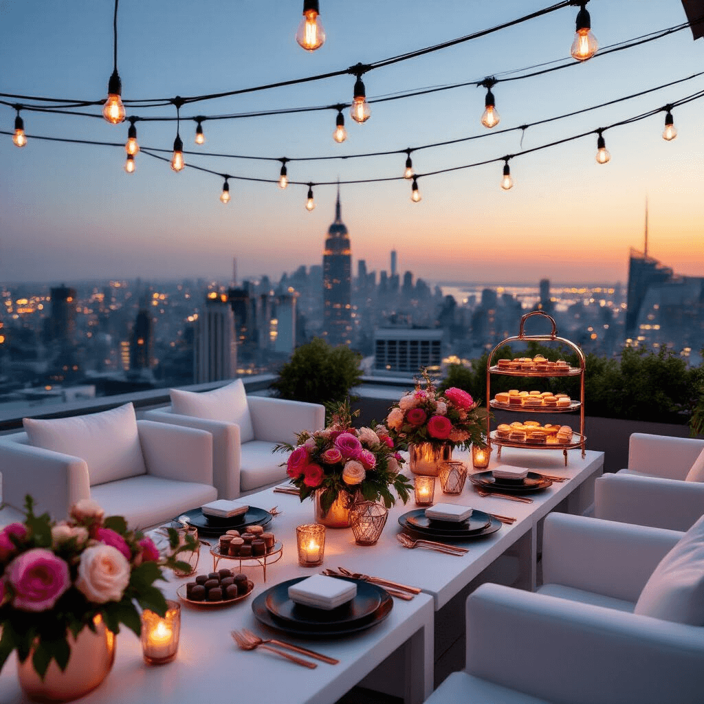 The Ultimate Tea Party Birthday Guide: Creating Magical Memories A rooftop tea party at twilight features sleek white lounge furniture, low tables with minimalist floral centerpieces in geometric terrariums, and glowing rose gold cutlery on matte black plates. A dessert cart displays jewel-toned chocolates and macarons, with Edison bulbs overhead illuminating the setting. The backdrop showcases a twinkling city skyline, creating a mood of urban elegance.
