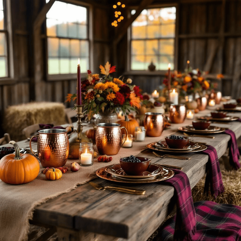 The Ultimate Tea Party Birthday Guide: Creating Magical Memories A cozy autumn-themed tea party in a rustic barn, featuring wooden tables with burgundy tablecloths, copper mugs as teacups, amber plates, gold flatware, and centerpieces of pumpkins, gourds, and candles in mason jars, with a dessert table showcasing a decorated spice cake and hay bale seating draped in plaid blankets, all illuminated by warm white lights and the golden glow of the sunset.