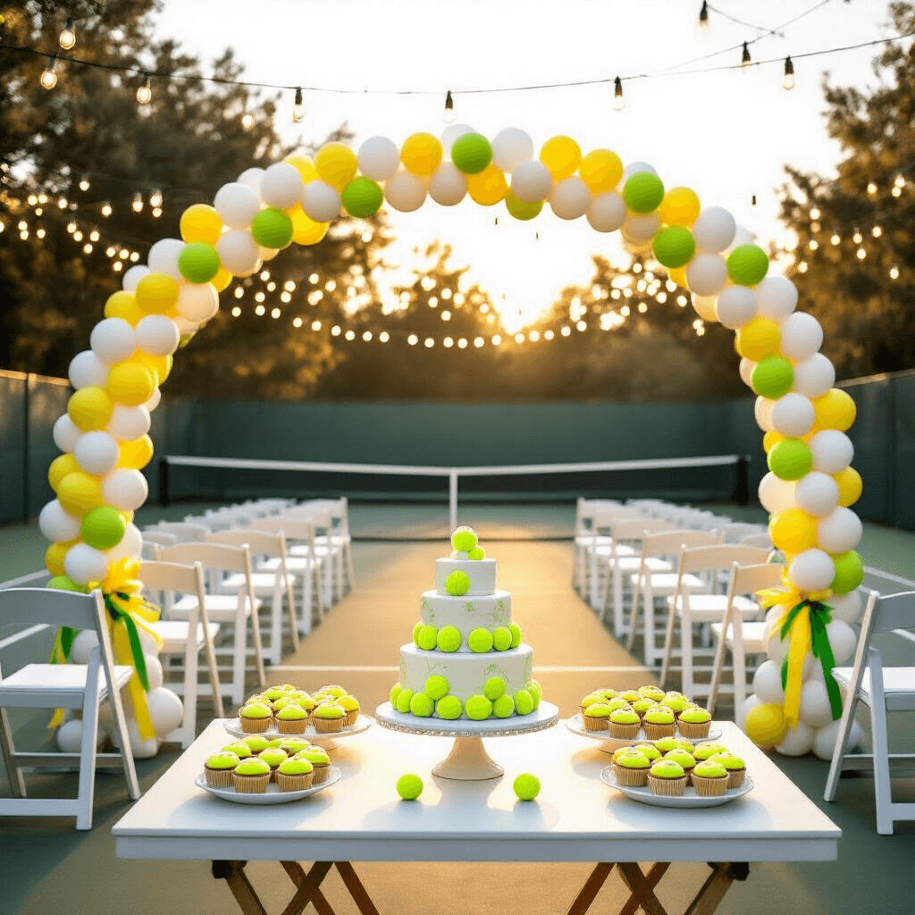 Ace Your Tennis Birthday Party: The Ultimate Guide to a Smashing Celebration A whimsical birthday celebration on a sunlit outdoor tennis court, featuring rows of white folding chairs with yellow and green ribbons, an arch of oversized tennis rackets and white balloons, a refreshment table with a tiered tennis ball cake, cupcakes, and cookies, all under crisscrossed fairy lights glowing in the golden hour.