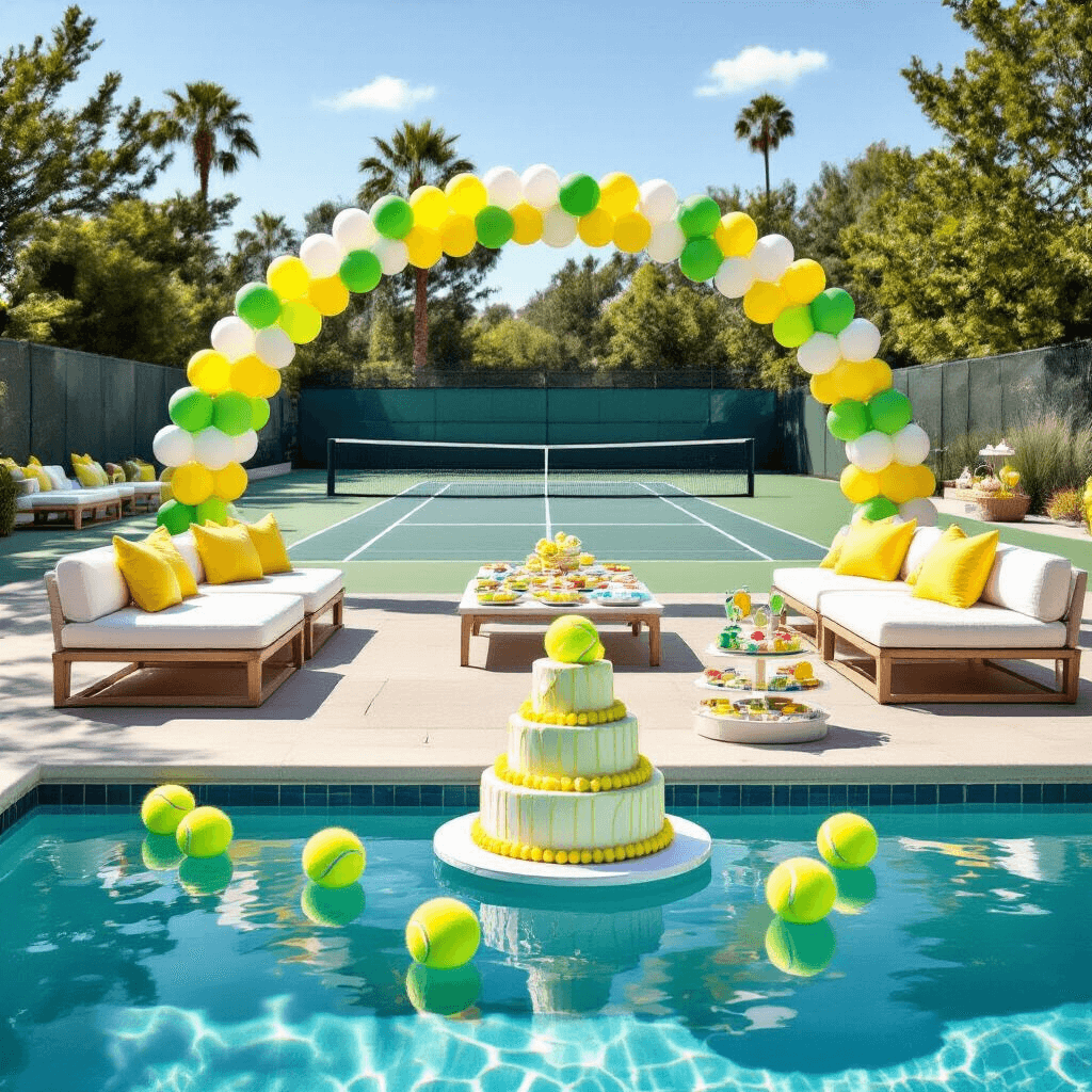 Ace Your Tennis Birthday Party: The Ultimate Guide to a Smashing Celebration A vibrant poolside tennis party scene with a shimmering pool, oversized tennis balls, lounge seating with white cushions and yellow pillows, a grand balloon arch, a dessert table featuring a tennis court cake, and a DIY headband station.