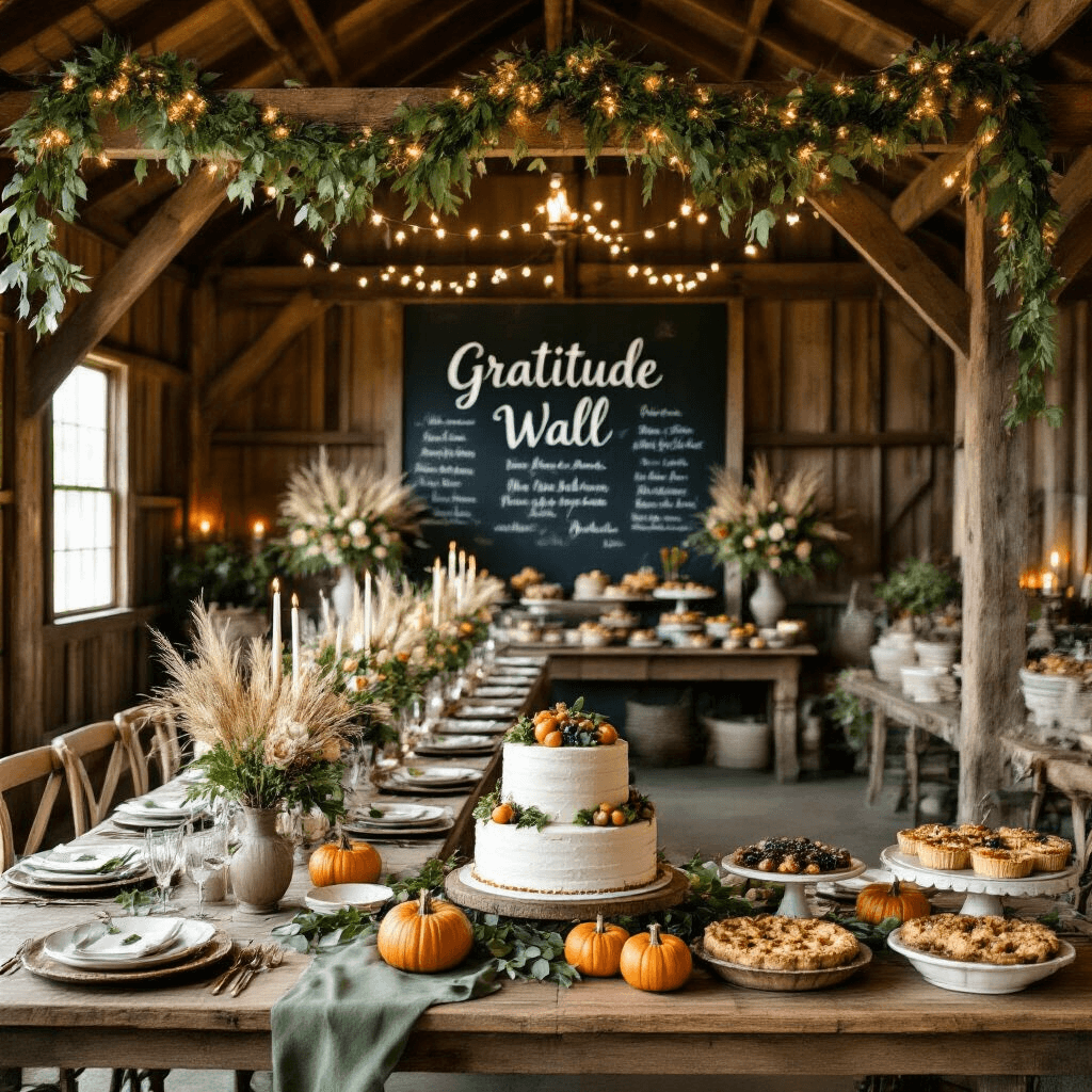 A Thanksgiving Birthday Bash: Celebrating Gratitude and Turning Another Year Older A rustic barn interior decorated for a grand Thanksgiving birthday celebration, featuring wooden beams with leaf garlands and fairy lights, long tables with sage green linens and vintage china, centerpieces of dried grasses and heirloom pumpkins, a 'Gratitude Wall' with guest messages, and a dessert station with a naked cake and assorted pies, all illuminated by soft candlelight.