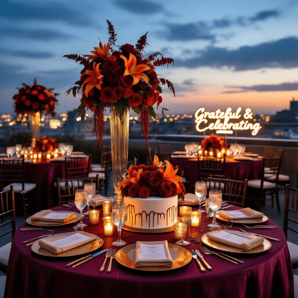 A Thanksgiving Birthday Bash: Celebrating Gratitude and Turning Another Year Older An elegant rooftop terrace adorned for a Thanksgiving birthday soirée at twilight, featuring round tables with burgundy tablecloths and gold sequin runners, tall floral centerpieces, gold-rimmed place settings, a glowing neon sign, and a stunning marbled cake surrounded by votive candles, with city lights twinkling in the background.