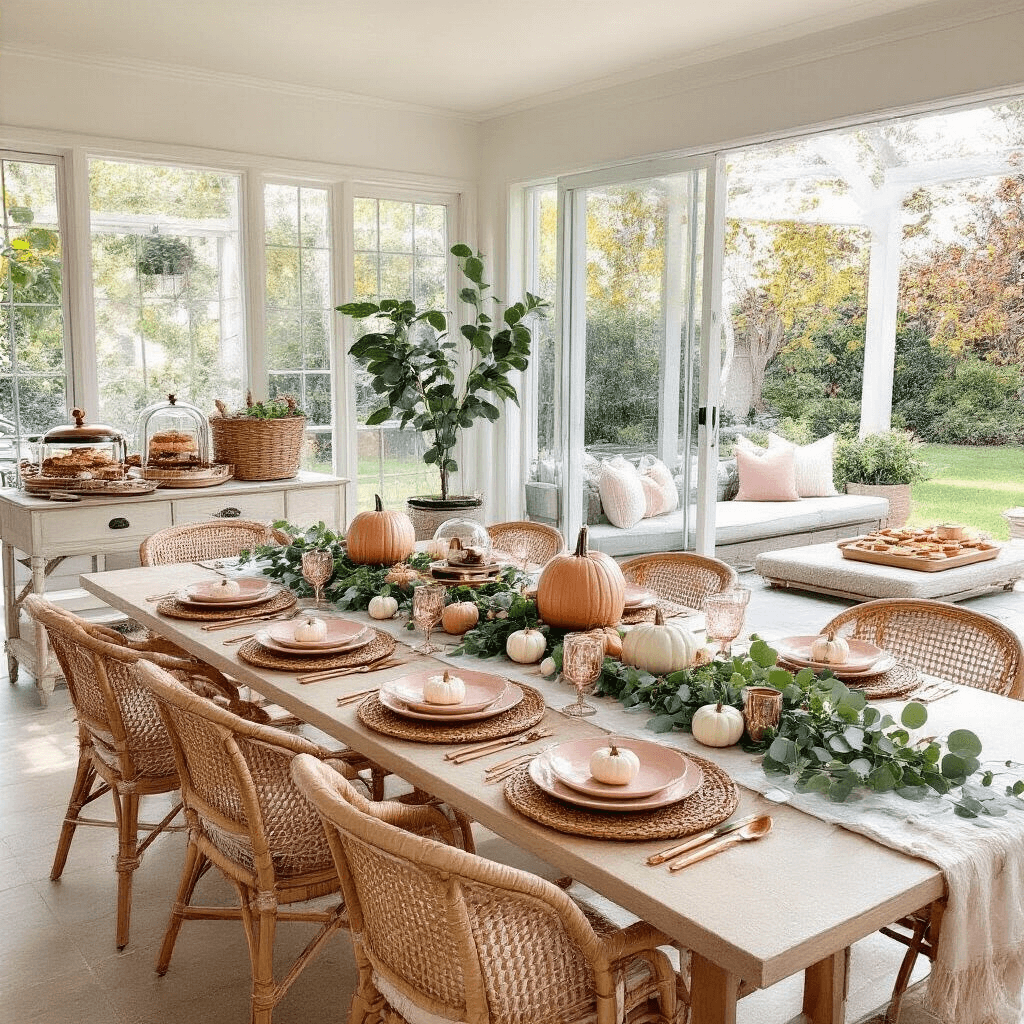 A Thanksgiving Birthday Bash: Celebrating Gratitude and Turning Another Year Older A whimsical Thanksgiving birthday brunch setup features a sunroom with a long table adorned in eucalyptus and white mini pumpkins, surrounded by rattan and velvet chairs. The tablescape includes woven chargers, blush pink plates, and gold flatware, while a nearby buffet showcases a waffle bar. Outdoors, plush lounge areas are arranged with floor cushions, low tables, and finger foods, complemented by cozy blankets and string lights draped between colorful potted maple trees.