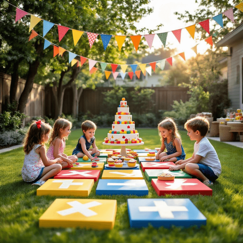 Tic Tac Toe Birthday Party: The Ultimate Guide to a Playful Celebration Aerial view of a vibrant backyard transformed into a giant tic tac toe playground with colorful foam boards, excited kids playing, string flags overhead, and a dessert table featuring a game-themed cake and treats, all bathed in warm afternoon sunlight.
