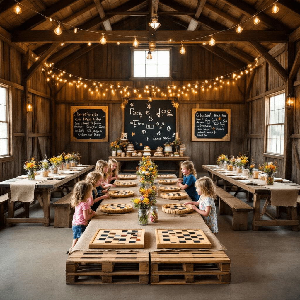 Tic Tac Toe Birthday Party: The Ultimate Guide to a Playful Celebration Rustic barn interior decorated for a tic tac toe-themed birthday celebration, featuring warm fairy lights, long farmhouse tables with burlap runners and mason jar centerpieces, chalkboard signs, a dessert cart with game board pies and colorful candies, and children enjoying a giant floor game made from repurposed pallets.