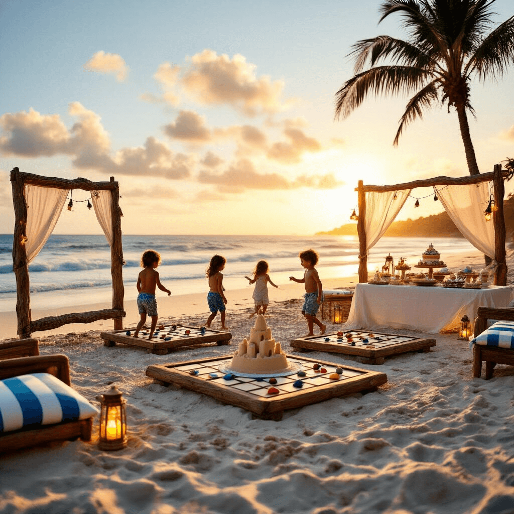 Tic Tac Toe Birthday Party: The Ultimate Guide to a Playful Celebration A vibrant beachfront scene at golden hour featuring oversized driftwood tic tac toe game boards with seashell and stone pieces, children playing joyfully, tiki torches and string lights illuminating cozy seating with blue and white cushions, and a dessert table adorned with a sandcastle cake amidst gentle waves and palm trees.