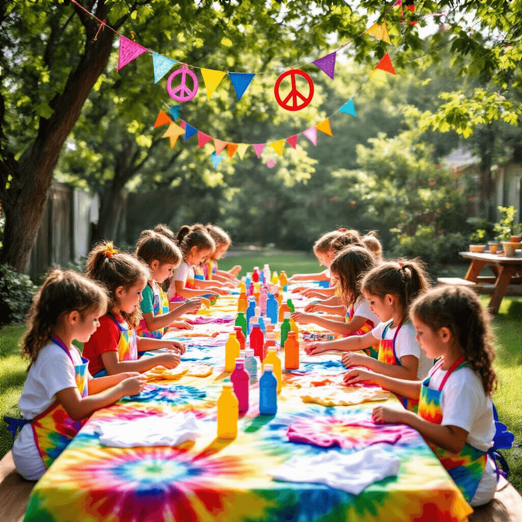 Tie Dye Birthday Party: The Ultimate Colorful Celebration Guide Vibrant outdoor tie-dye birthday party with picnic tables covered in bright tablecloths, kids in aprons excitedly reaching for dye bottles, and colorful decorations hanging above in a sunlit backyard.