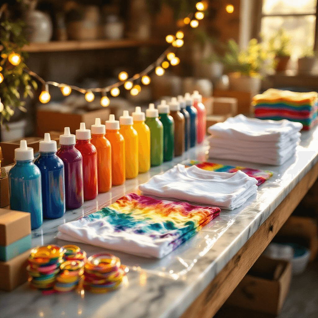 Tie Dye Birthday Party: The Ultimate Colorful Celebration Guide Close-up detail shot of a tie-dye station during golden hour, featuring a marble countertop covered with a plastic sheet, vibrant dye bottles arranged in a rainbow, stacks of white shirts, rubber bands, gloves, and warm fairy lights casting a magical glow.