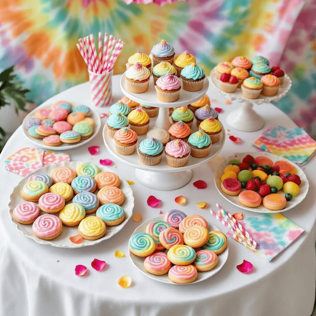Tie Dye Birthday Party: The Ultimate Colorful Celebration Guide Overhead view of a tie-dye themed dessert table featuring a tiered cake stand with pastel tie-dye cupcakes, surrounded by tie-dye cookies, fruit skewers, and swirled lollipops, all set on a white linen tablecloth, accented with colorful paper straws, tie-dye napkins, scattered rose petals, and edible glitter.