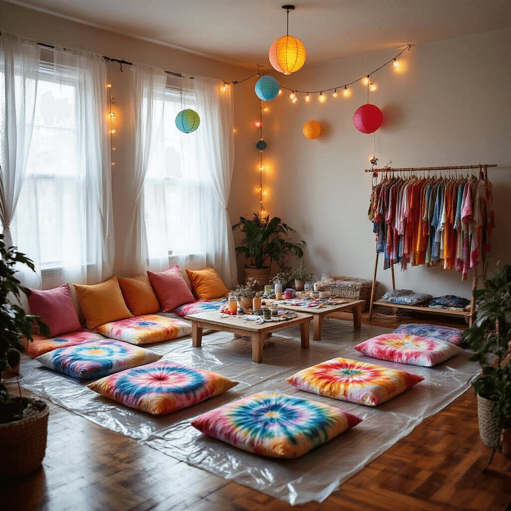 Tie Dye Birthday Party: The Ultimate Colorful Celebration Guide A cozy living room transformed for an indoor tie-dye party, featuring plastic-covered hardwood floors, low tables with tie-dye cushions, sheer curtains filtering grey light, and colorful decorations. A clothing rack displays vibrant, freshly dyed garments, creating a joyful and creative atmosphere.