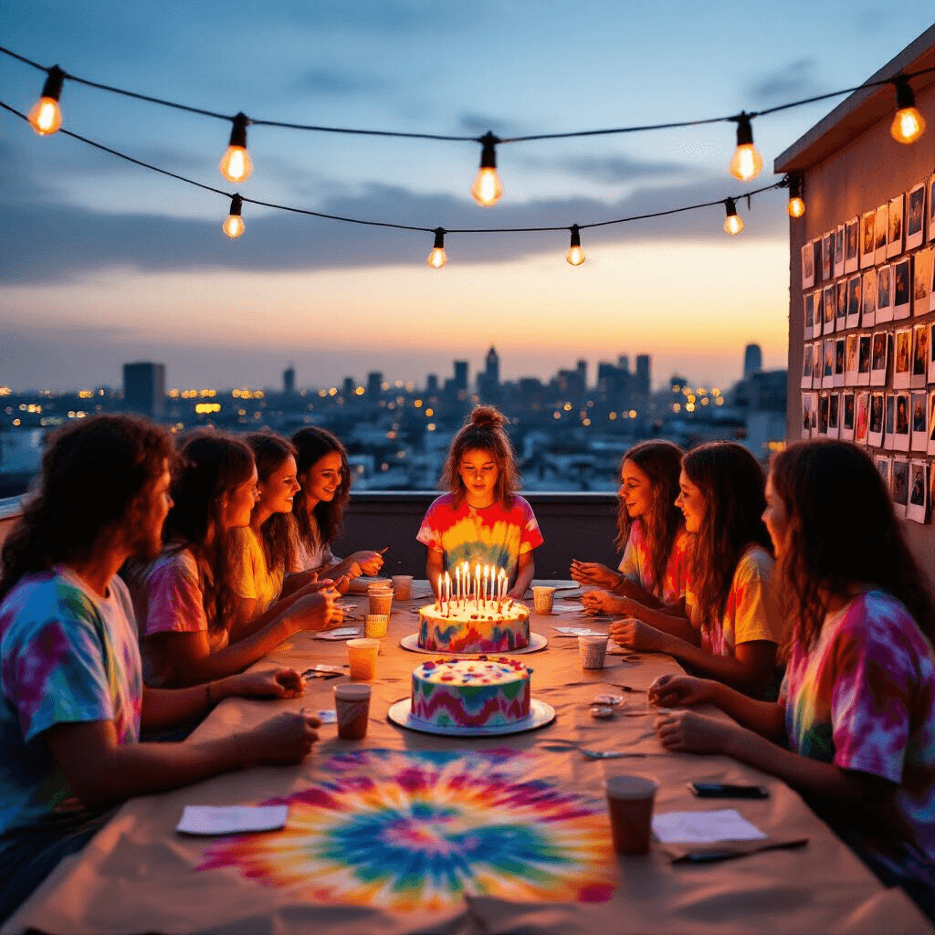 Tie Dye Birthday Party: The Ultimate Colorful Celebration Guide A vibrant rooftop birthday party at dusk, with guests in colorful tie-dye shirts gathered around a long table lit by Edison bulbs, as the birthday child blows out candles on a tie-dye cake, framed by a wall of Polaroid photos.