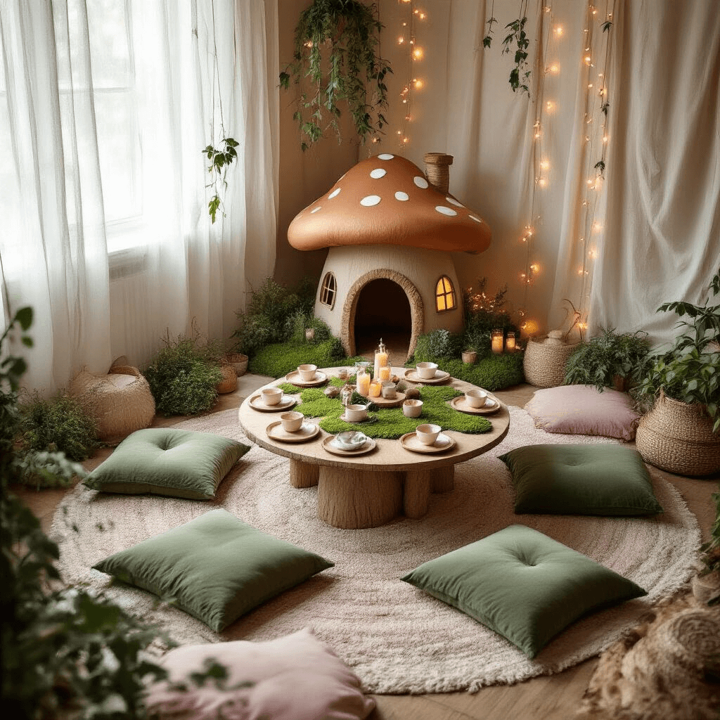 Magical Toadstool Birthday Party: Your Ultimate Guide to Woodland Whimsy An overhead view of an enchanted indoor birthday celebration in a cozy living room, transformed into a woodland wonderland with a circular low table, lush floor cushions, moss placemats, wooden plates, and delicate teacups. A cardboard toadstool house sits as the centerpiece, surrounded by battery-operated tealights, while sheer curtains filter soft morning light. Fabric scrap garlands in earthy tones hang from the ceiling along with twinkling fairy lights. A corner features a toadstool-shaped armchair and a stack of woodland-themed storybooks.