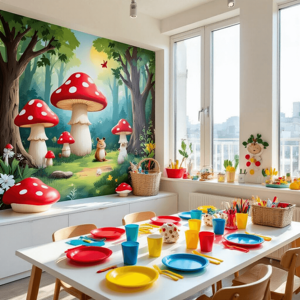 Magical Toadstool Birthday Party: Your Ultimate Guide to Woodland Whimsy A vibrant toadstool-themed birthday party setup in a modern apartment, featuring a whimsical forest decal, a kids' table with colorful plates and cups, a crafting station with supplies for making toadstool hats, and helium balloons shaped like woodland animals.