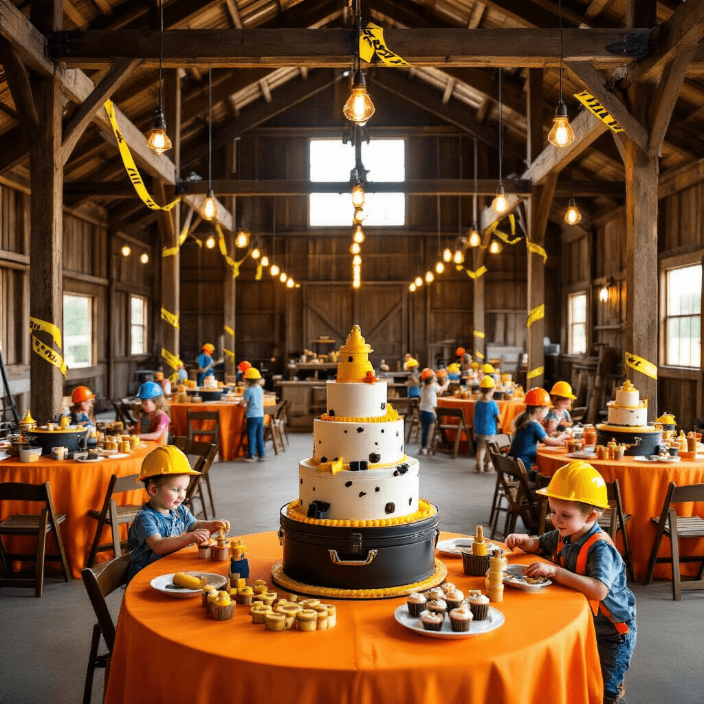 Hammer Down the Fun: Planning the Ultimate Tool-Themed Birthday Party for Little Builders A rustic barn transformed into a construction-themed wonderland, featuring golden hour light, exposed wooden beams with caution tape, round tables with orange linens and toy tool set centerpieces, a dessert table with a toolbox cake and themed treats, and children in colorful hard hats engaged in building activities.