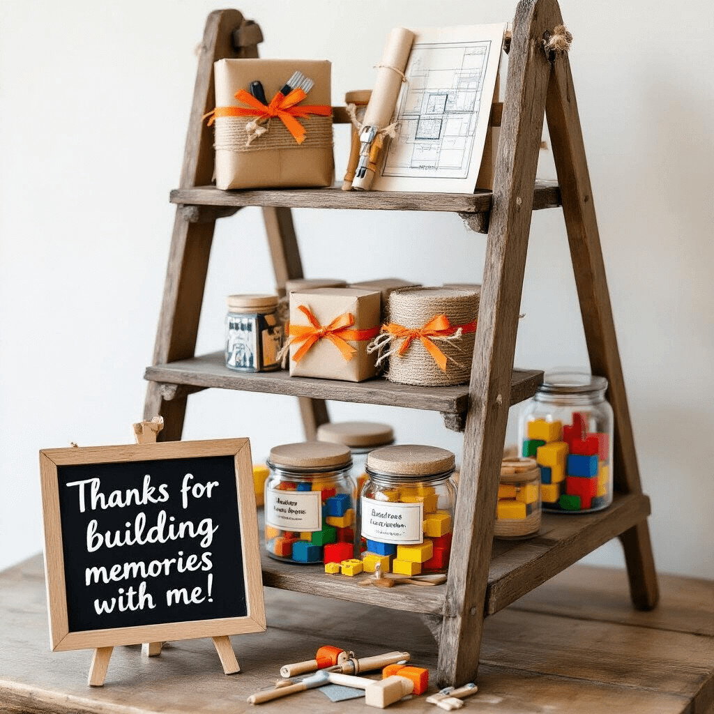 Hammer Down the Fun: Planning the Ultimate Tool-Themed Birthday Party for Little Builders A beautifully styled party favor station featuring a vintage wooden ladder displaying kraft-wrapped mini toy tool sets, rolls of blueprints tied with orange ribbon, clear jars of colorful building blocks, and a hand-lettered chalkboard sign that reads 'Thanks for building memories with me!'.