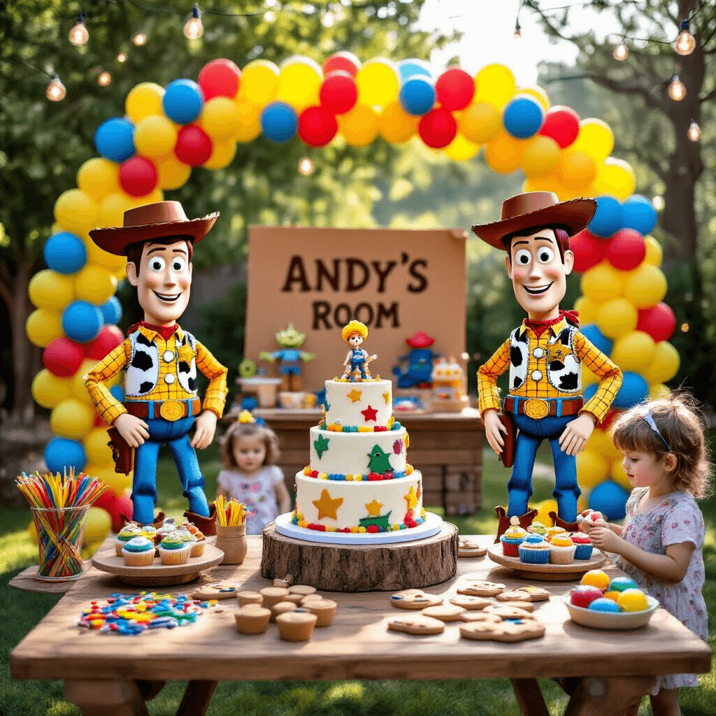 Throw the Ultimate Toy Story Birthday Party: A Pixar-Perfect Celebration Guide A whimsical Toy Story-themed birthday party in a sunlit backyard, featuring vibrant balloon garlands, life-sized Woody and Buzz cutouts, a rustic dessert table with a fondant cake and themed treats, and children engaged in DIY craft stations, all illuminated by soft fairy lights and set against an 'Andy's Room' backdrop.