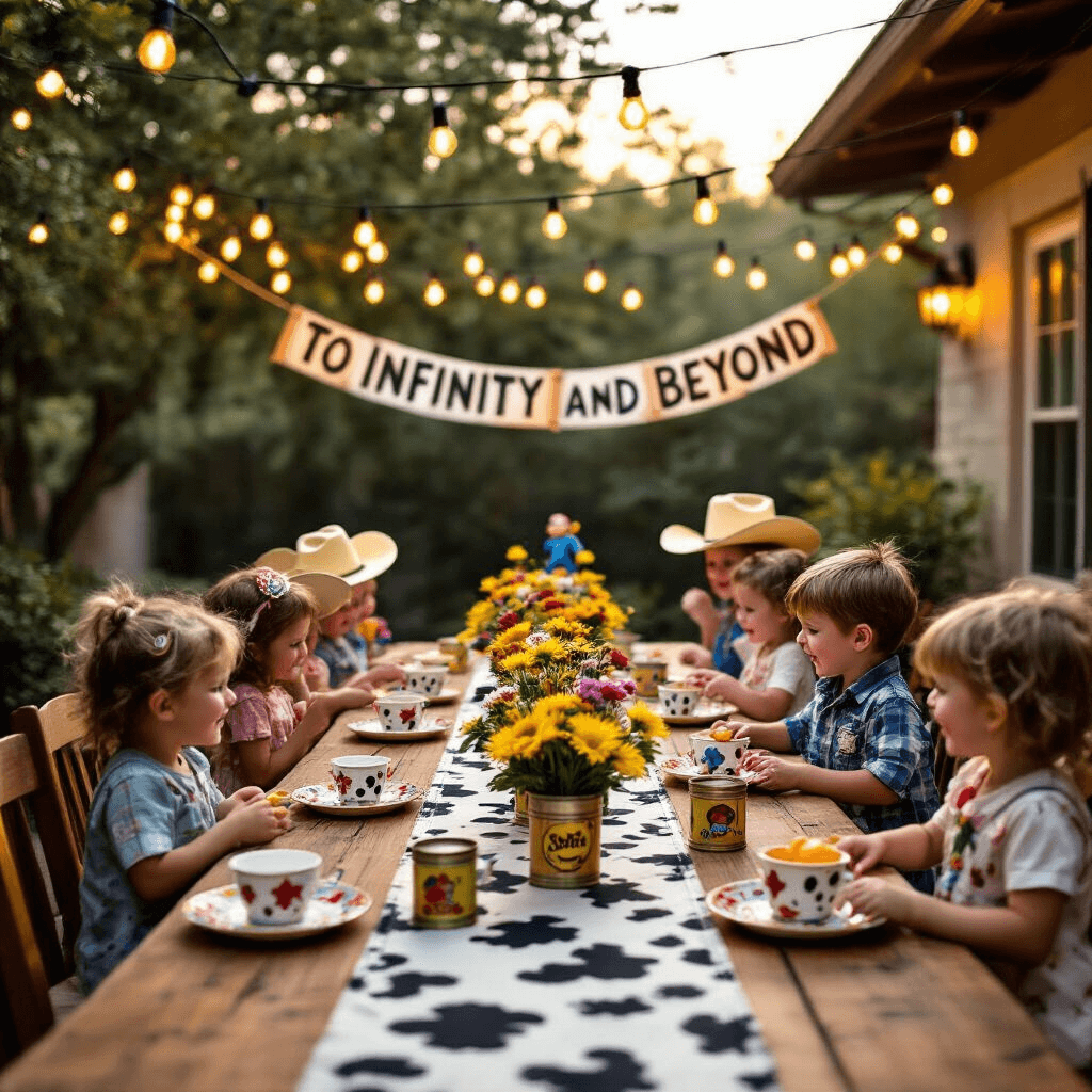 Throw the Ultimate Toy Story Birthday Party: A Pixar-Perfect Celebration Guide A vibrant Toy Story birthday party on a patio during golden hour, featuring kids in space ranger badges, a long farmhouse table with a cow-print runner, vintage toy tea sets, wildflower centerpieces, and a 'To Infinity and Beyond' banner, captured from a slightly elevated angle.