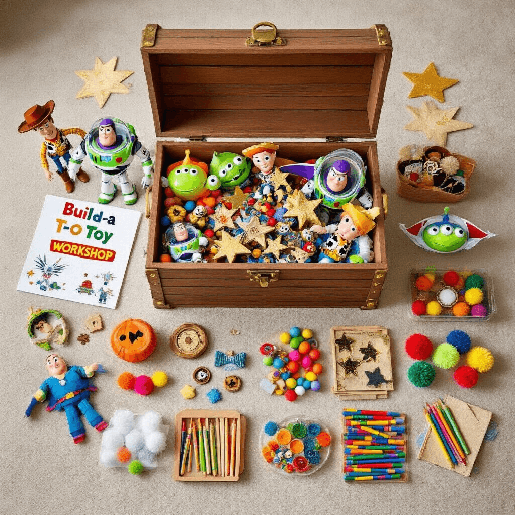 Throw the Ultimate Toy Story Birthday Party: A Pixar-Perfect Celebration Guide An overhead view of a Toy Story themed party favor and activity station featuring a large wooden box resembling Andy's toy chest filled with sheriff badges, alien headbands, and Buzz Lightyear wing crafts, surrounded by colorful craft supplies like pipe cleaners, pom-poms, and googly eyes, along with printable activity sheets and crayons, all captured in soft, diffused lighting.