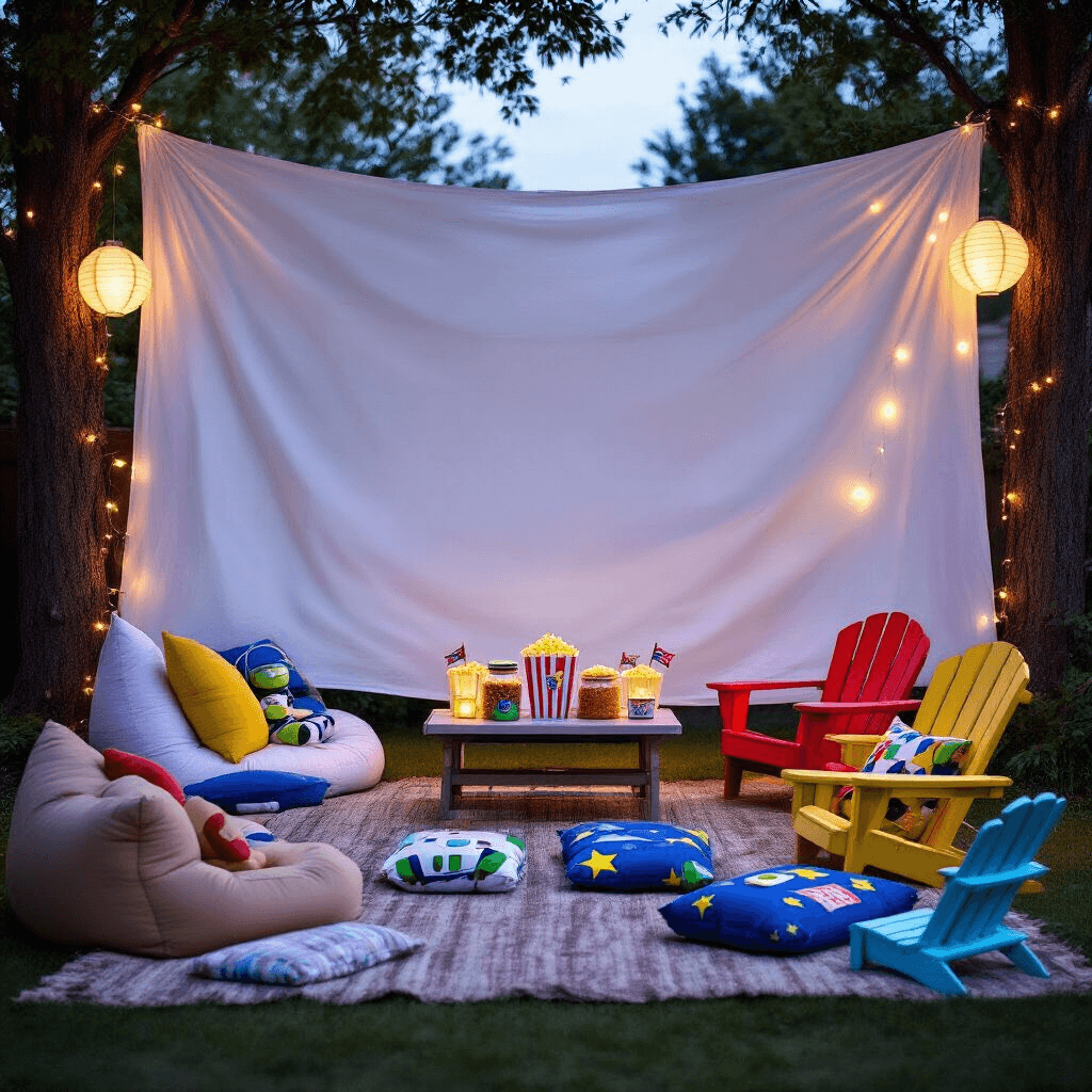 Throw the Ultimate Toy Story Birthday Party: A Pixar-Perfect Celebration Guide A cozy backyard setup for a Toy Story movie night, featuring a white sheet as a screen, whimsical seating options, a popcorn bar with themed toppings, and enchanting fairy lights above.