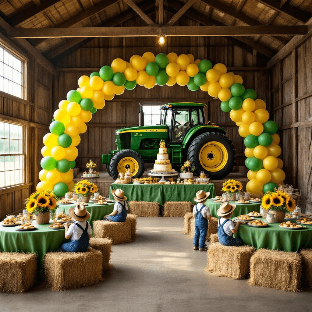 Revving Up the Fun: Planning the Ultimate Tractor-Themed Birthday Party A festive barn interior adorned with green and yellow balloons, tractor-print tablecloths, hay bale seating, and miniature tractor centerpieces, illuminated by golden hour light. A grand balloon arch in John Deere colors leads to a dessert table with wheel-shaped cookies and a tractor cake, while children in overalls play pin-the-tire on a giant tractor backdrop.