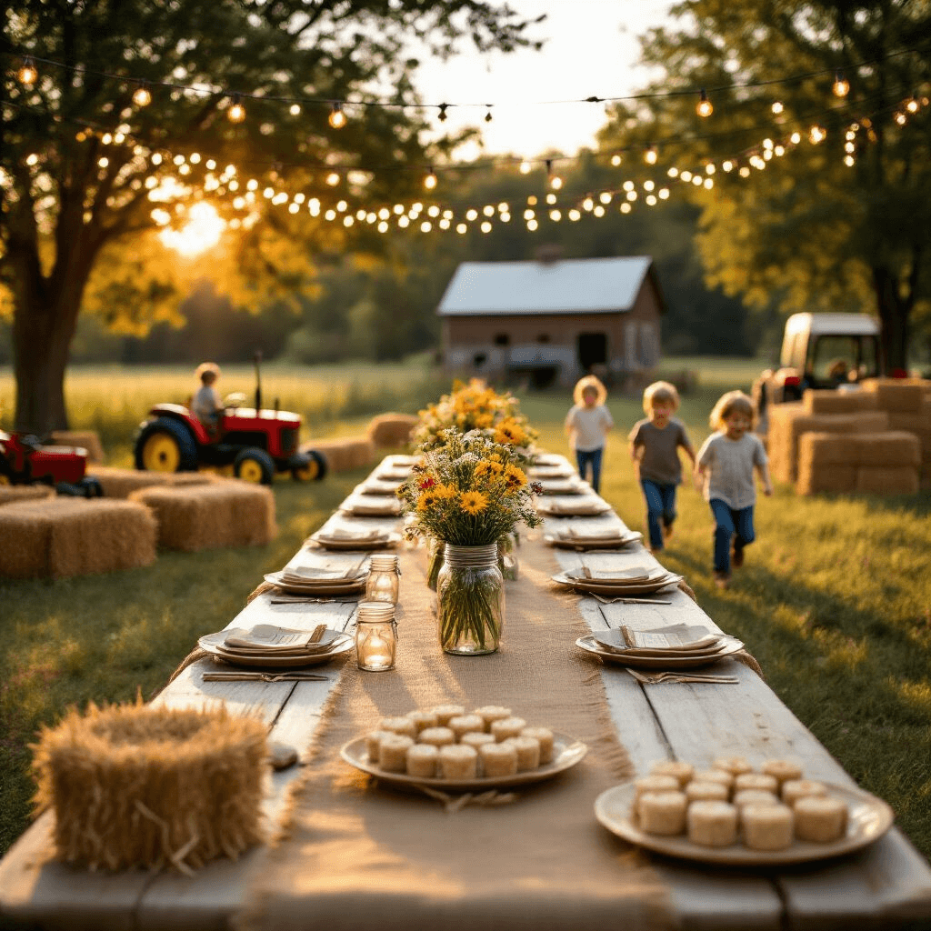 Revving Up the Fun: Planning the Ultimate Tractor-Themed Birthday Party An outdoor farm setting at magic hour with a long farmhouse table adorned with burlap and mason jar centerpieces, fairy lights overhead, children playing in a tractor-shaped obstacle course, and a dessert cart filled with dirt cup puddings and hay bale rice krispie treats. Close-up of personalized seed packet favors at each place setting, all bathed in warm golden light.