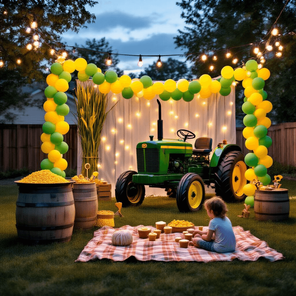 Revving Up the Fun: Planning the Ultimate Tractor-Themed Birthday Party A modern backyard at twilight featuring a photo booth with a tractor cutout backdrop and balloon garlands, warm string lights illuminating picnic blankets where families enjoy dirt cup desserts, and a 'Corn Kernel Dig' sensory bin for kids.