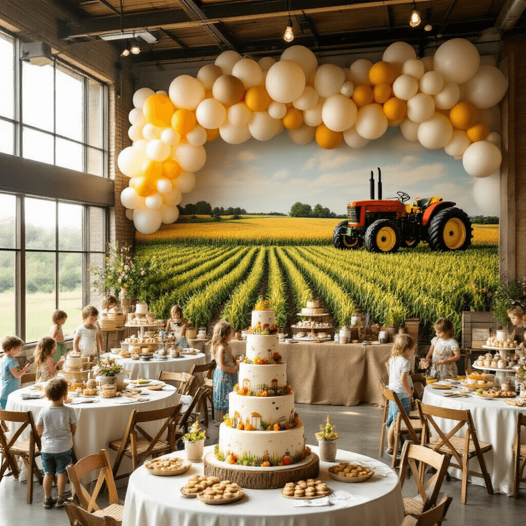 Revving Up the Fun: Planning the Ultimate Tractor-Themed Birthday Party A vibrant indoor party space filled with sunlight, featuring a large balloon installation resembling tractor wheels, elegantly dressed round tables with terrariums, and a dessert table with a hay bale-themed cake, as children enjoy a 'Pin the Tire on the Tractor' game.