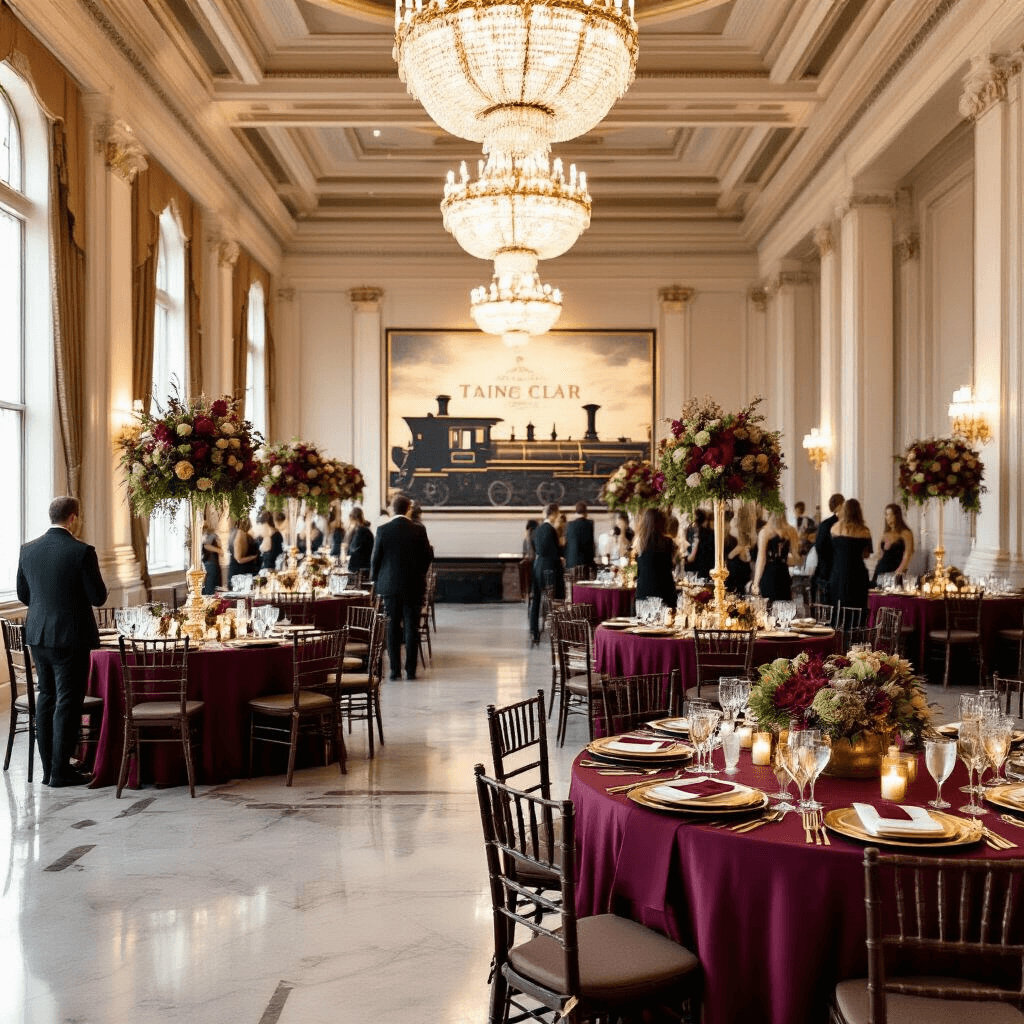 All Aboard the Ultimate Train Birthday Party: A Comprehensive Guide Elegant indoor birthday celebration in a grand ballroom with high ceilings, ornate chandeliers, and polished marble floors. Long tables draped in burgundy linens adorned with gold-rimmed china and crystal glassware. Centerpieces feature tall floral arrangements and miniature gold train tracks. A statement wall displays a vintage train schedule, with guests mingling in cocktail attire near a luxurious dining car bar cart.