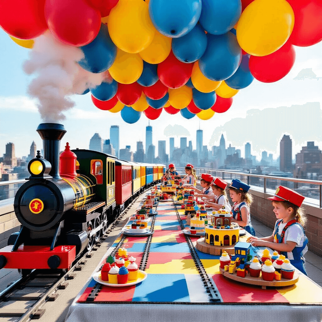 All Aboard the Ultimate Train Birthday Party: A Comprehensive Guide A vibrant rooftop terrace party for kids features a colorful cardboard train cutout with balloon 'smoke,' LEGO train centerpieces, and a dessert station styled like a train platform, all set against a city skyline. The scene is filled with children wearing conductor hats playing on a large floor decal of train tracks.