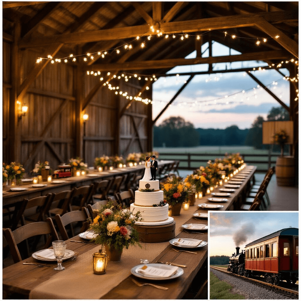 All Aboard the Ultimate Train Birthday Party: A Comprehensive Guide A scenic twilight train-themed wedding reception in a rustic barn, featuring wooden beams adorned with fairy lights, long farmhouse tables with burlap runners and vintage china, a dessert table with a suitcase-themed wedding cake, and a train car photo booth, all creating a warm, romantic ambiance.