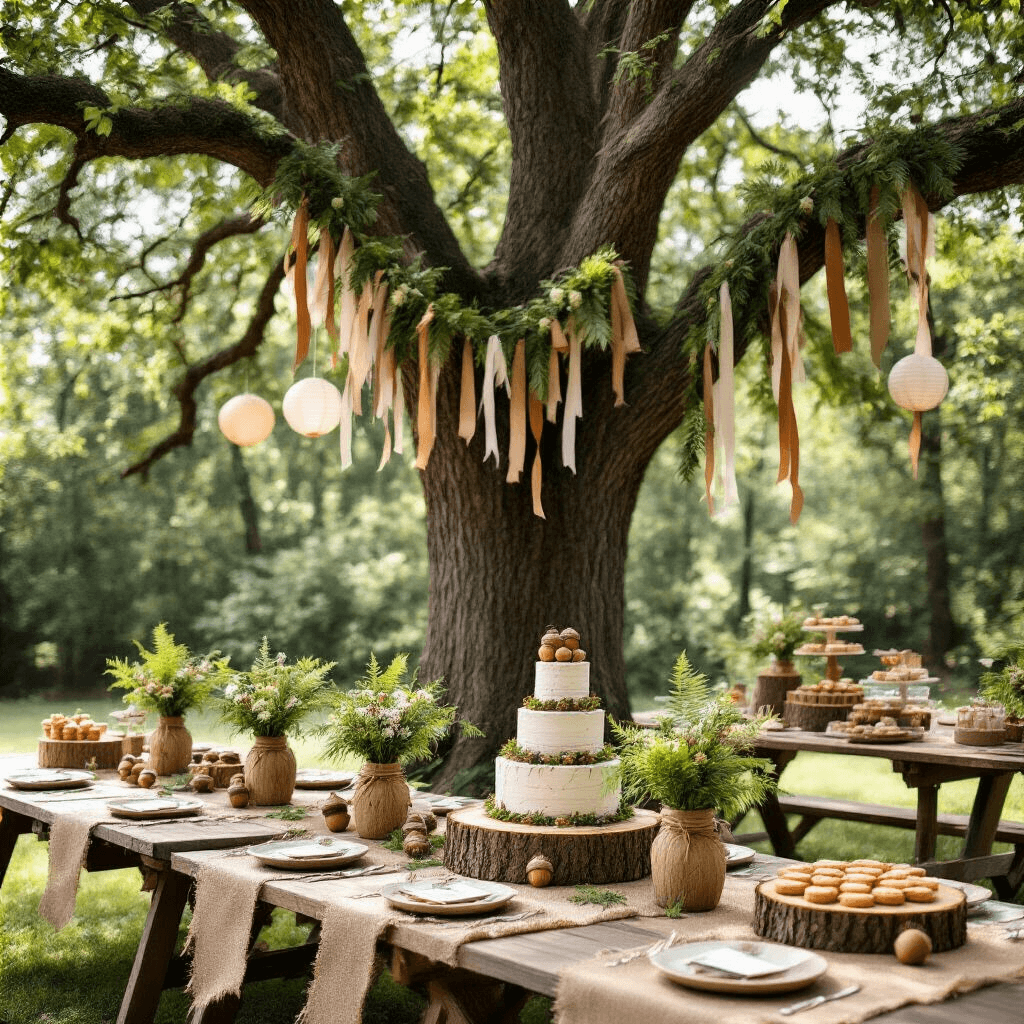 Magical Tree Birthday Party: A Woodland Celebration Guide An enchanted forest party in a sun-dappled backyard features a majestic oak tree with cascading ribbons, long picnic tables with burlap runners and hollowed log vases, personalized wood slice name cards, acorn-topped mason jars, a tiered 'tree stump' cake, woodland creature cookies, paper lanterns, a hand-painted 'Happy Birthday' banner, and cozy seating nooks with oversized cushions and knit blankets.