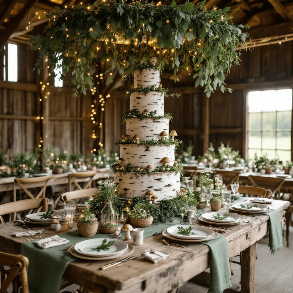 Magical Tree Birthday Party: A Woodland Celebration Guide A whimsical woodland birthday setup inside a rustic barn, featuring eucalyptus garlands, farmhouse tables with moss green linen, terrariums, birch bark place settings, a multi-tiered 'cake tree', mushroom-shaped macarons, and cozy lounge seating with leather chairs and plaid throws.