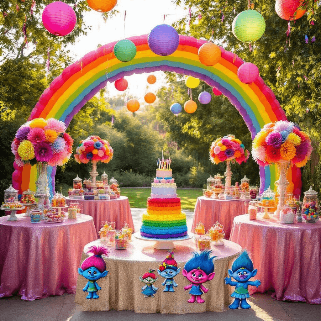 A Rainbow of Fun: Throwing the Ultimate Trolls Birthday Party A vibrant Trolls-themed birthday party setup in a sun-drenched backyard featuring a rainbow balloon arch, shimmering pink table linens, colorful tissue paper flower centerpieces, a tiered rainbow cake, character-themed cupcakes, and a DIY photo booth area, all illuminated by warm golden hour light.