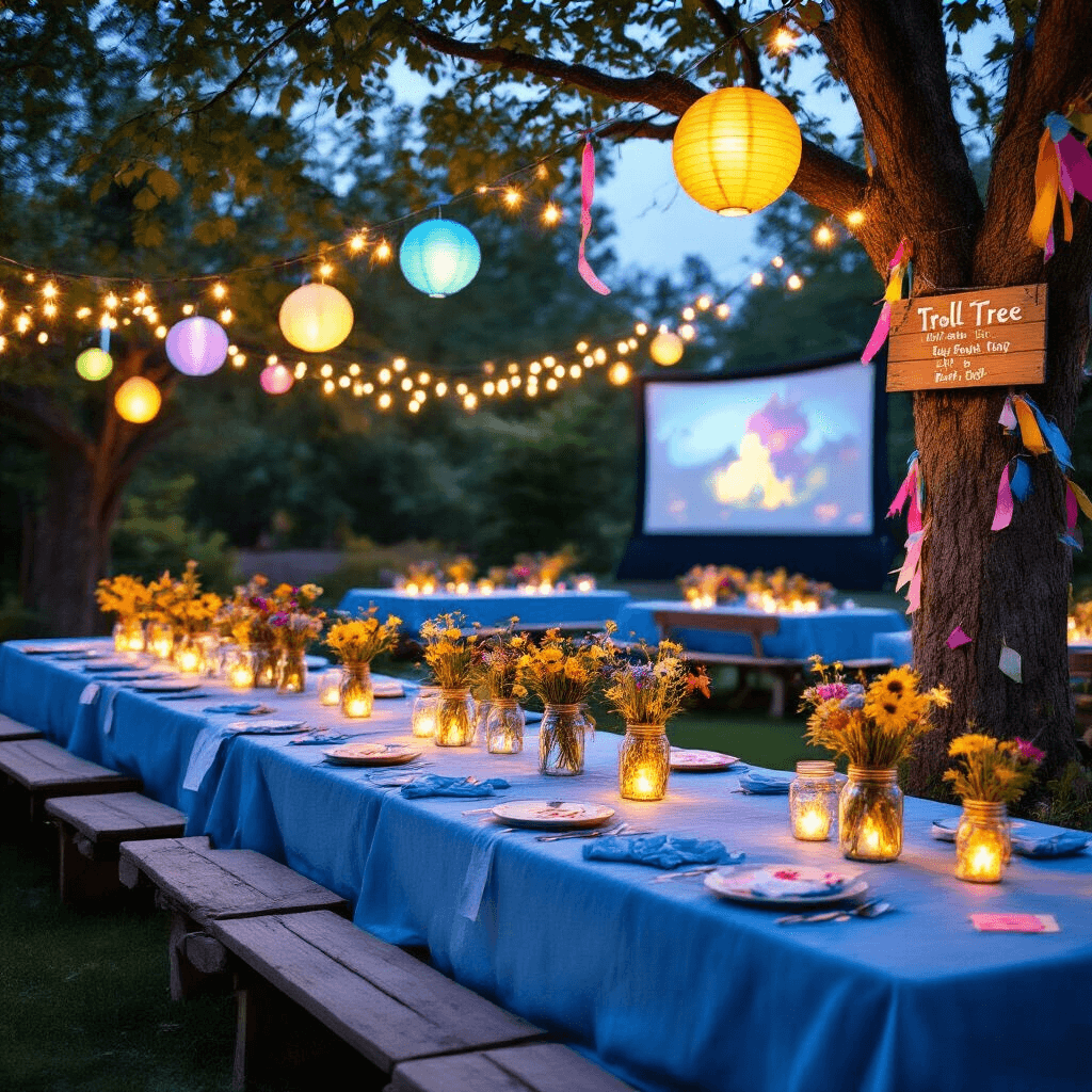 A Rainbow of Fun: Throwing the Ultimate Trolls Birthday Party A whimsical twilight garden party inspired by Trolls, featuring warm string lights and lanterns illuminating picnic tables with ombre blue linens, wildflower centerpieces in mason jars, and a 'Troll Tree' adorned with ribbons and wish cards, all set against a backdrop of an outdoor movie screen as the sky fades to indigo.