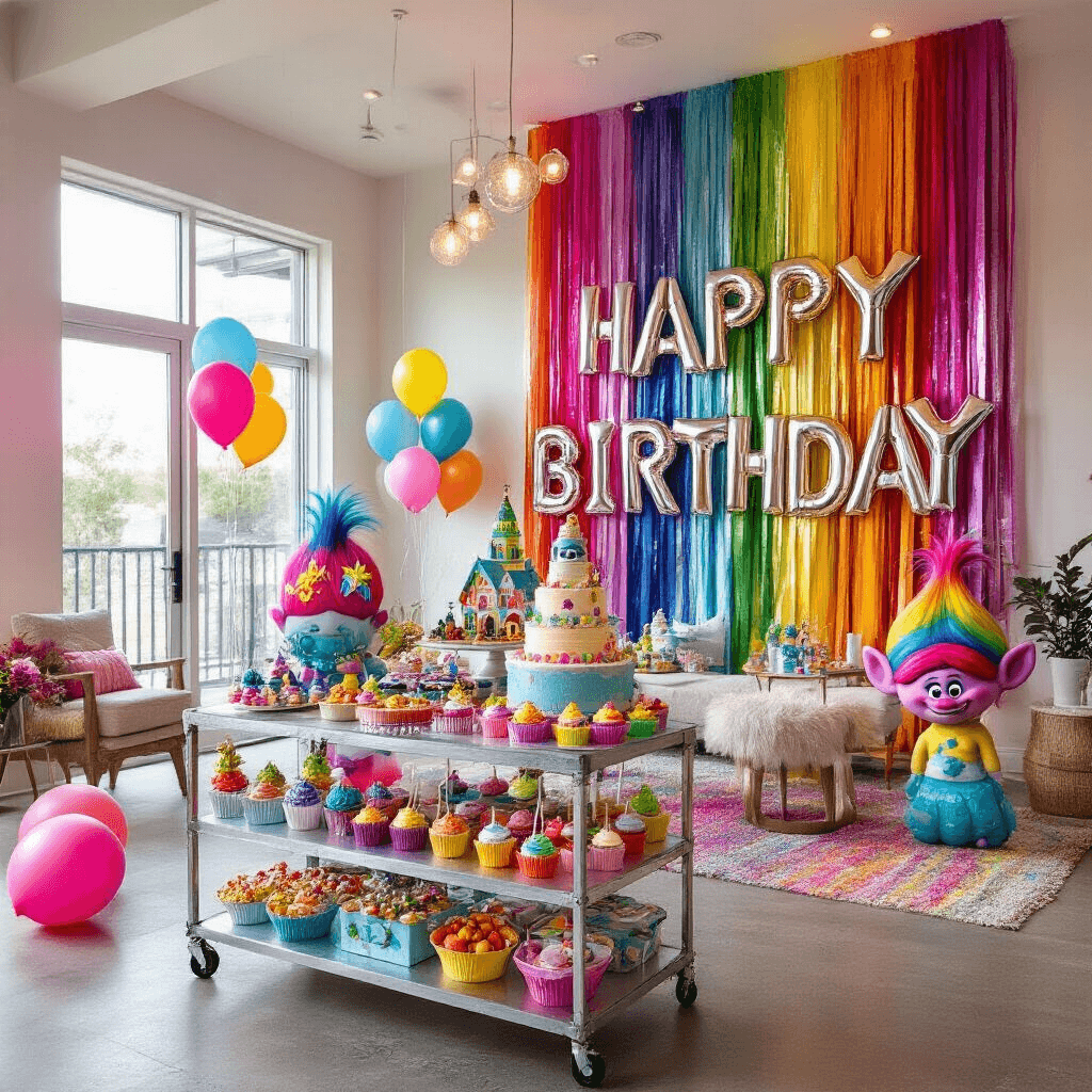 A Rainbow of Fun: Throwing the Ultimate Trolls Birthday Party A vibrant indoor birthday celebration inspired by Trolls, featuring a modern living area filled with rainbow streamers, a colorful dessert cart with cupcakes and a Trolls village cake, a glitter tattoo station, and metallic 'HAPPY BIRTHDAY' balloons, all viewed from an elevated angle.