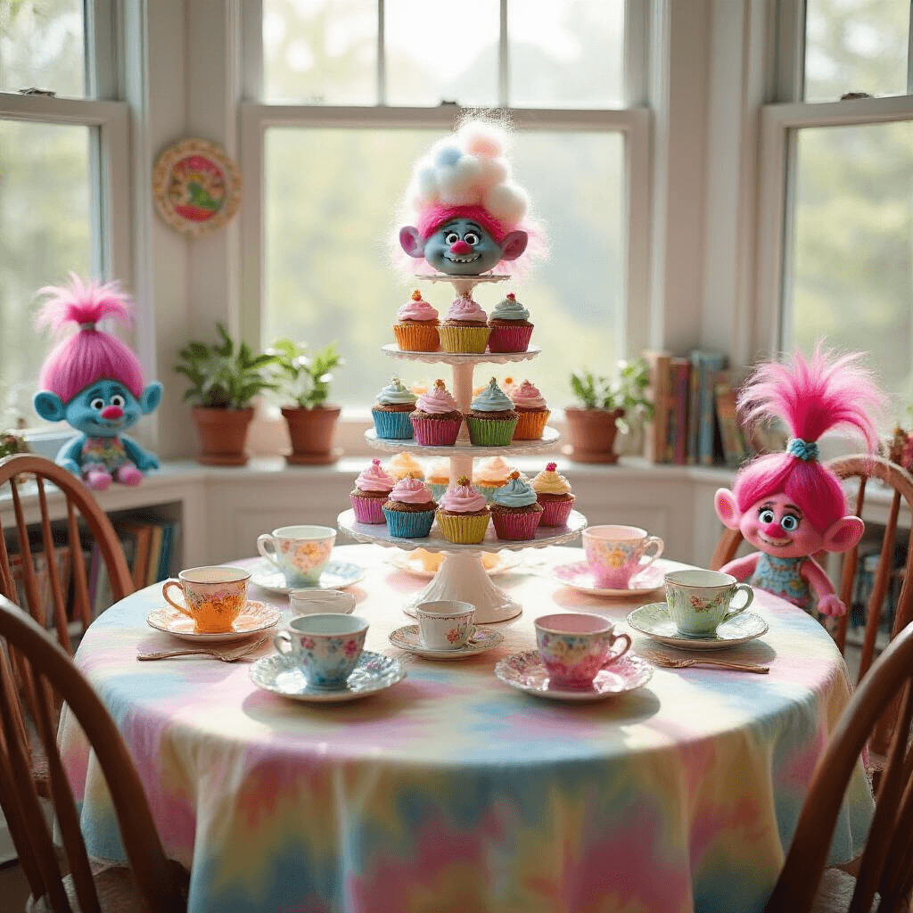 A Rainbow of Fun: Throwing the Ultimate Trolls Birthday Party A whimsical Trolls-themed tea party vignette in a cozy breakfast nook, featuring a pastel tie-dye tablecloth, mismatched vintage teacups, and a 'Cupcake Tree' adorned with mini cupcakes topped with cotton candy. Troll dolls peek from potted plants and bookshelves, with morning light streaming through bay windows, enhancing the playful setup.