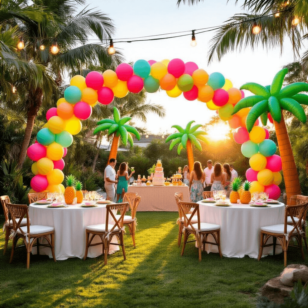 Tropical Birthday Party: Your Ultimate Guide to a Paradise-Perfect Celebration A vibrant tropical birthday celebration in a sun-drenched backyard, featuring a colorful balloon arch, round tables with pineapple centerpieces, inflatable palm trees, and a tiki bar with guests enjoying coconut drinks, all illuminated by twinkling fairy lights at golden hour.