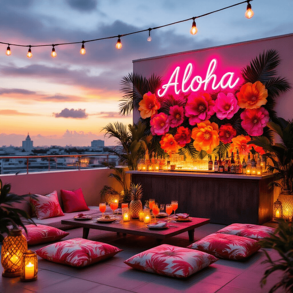 Tropical Birthday Party: Your Ultimate Guide to a Paradise-Perfect Celebration An intimate rooftop terrace at sunset, adorned for a luxurious tropical soirée with a glowing 'Aloha' neon sign, low tables with plush tropical print cushions, a backdrop of oversized paper flowers, a bar displaying exotic cocktails, flickering candlelight, and intricate table styling.