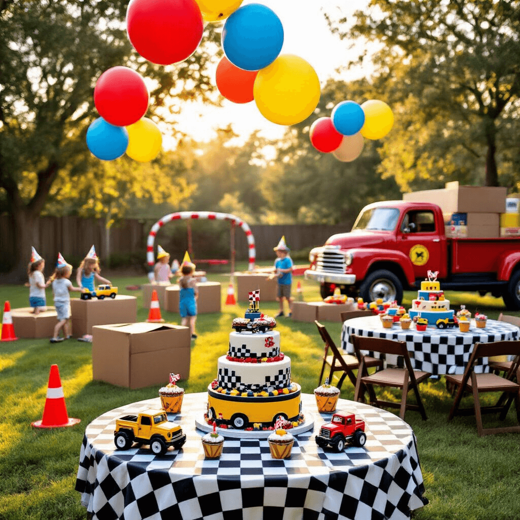 Vroom Vroom! The Ultimate Guide to Throwing an Epic Truck Birthday Party A vibrant outdoor truck-themed birthday party in a spacious backyard, featuring round tables with checkered flag tablecloths, colorful balloons overhead, a dessert table with a truck-shaped cake and cupcakes, and children joyfully navigating an obstacle course made of traffic cones and boxes.