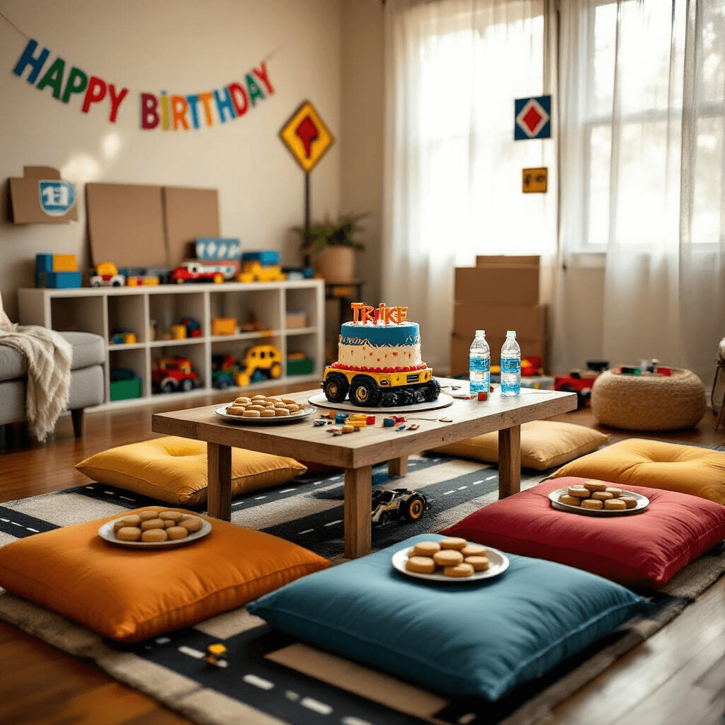 Vroom Vroom! The Ultimate Guide to Throwing an Epic Truck Birthday Party An indoor truck-themed party setup in a cozy living room, featuring a low table with a truck cake, tire-shaped cookies, and personalized water bottles, surrounded by colorful floor cushions. Morning light filters through sheer curtains, illuminating a 'Build a Road' play area with black tape roads on the hardwood floor, scattered toy trucks, and blocks. The walls display cardboard traffic signs and a bold 'Happy Birthday' banner.