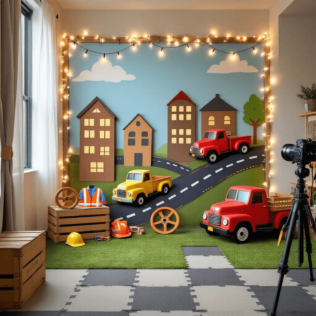 Vroom Vroom! The Ultimate Guide to Throwing an Epic Truck Birthday Party A whimsical truck-themed photo booth area with a backdrop of hand-painted cardboard buildings and roads, 3D cardboard trucks, props like toy steering wheels and hard hats on a rustic wooden crate, framed by twinkling fairy lights, with a faux grass and foam tile floor, and a professional camera on a tripod.