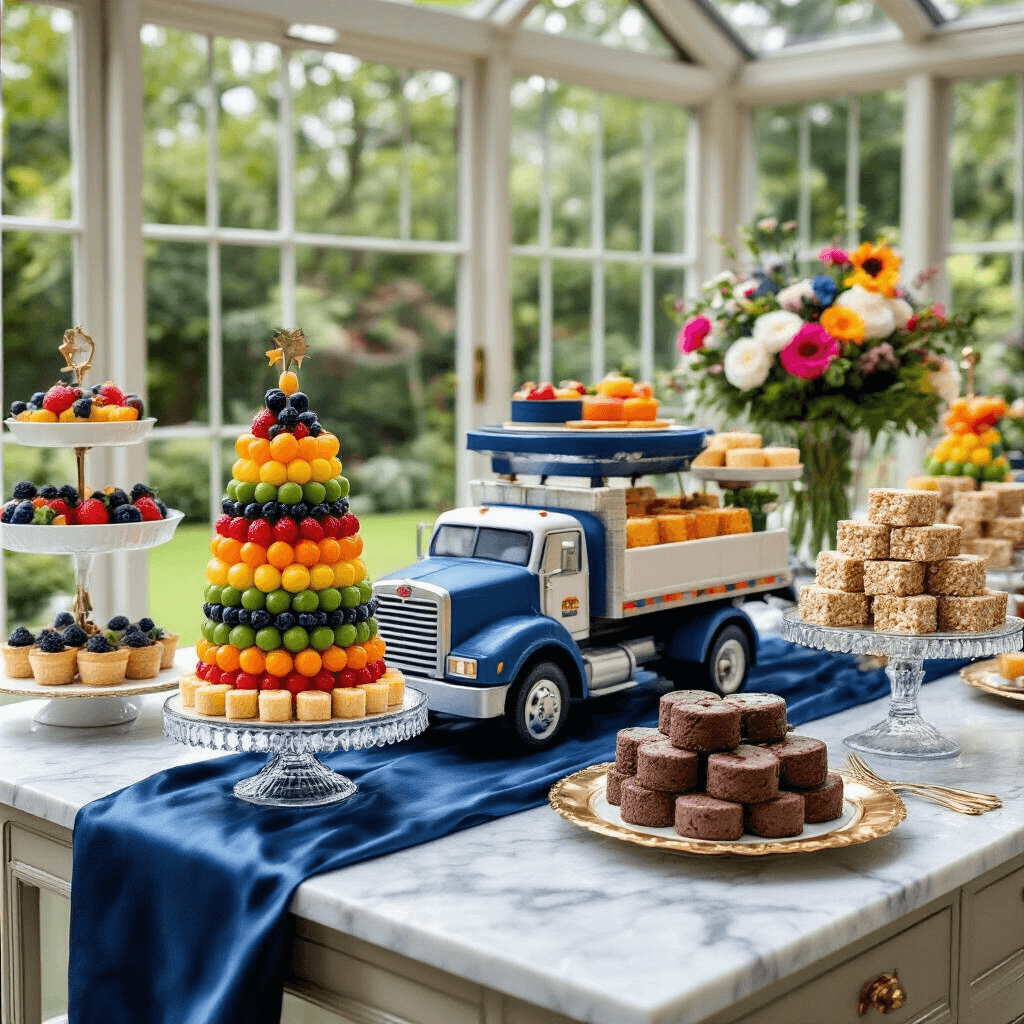 Vroom Vroom! The Ultimate Guide to Throwing an Epic Truck Birthday Party An elegant dessert display for a truck-themed party in a conservatory, featuring a truck-shaped cake, themed treats on tiered stands, a deep blue silk runner on a marble countertop, crystal cake stands, gold-rimmed plates, and colorful fresh flowers, with a lush garden view through floor-to-ceiling windows.