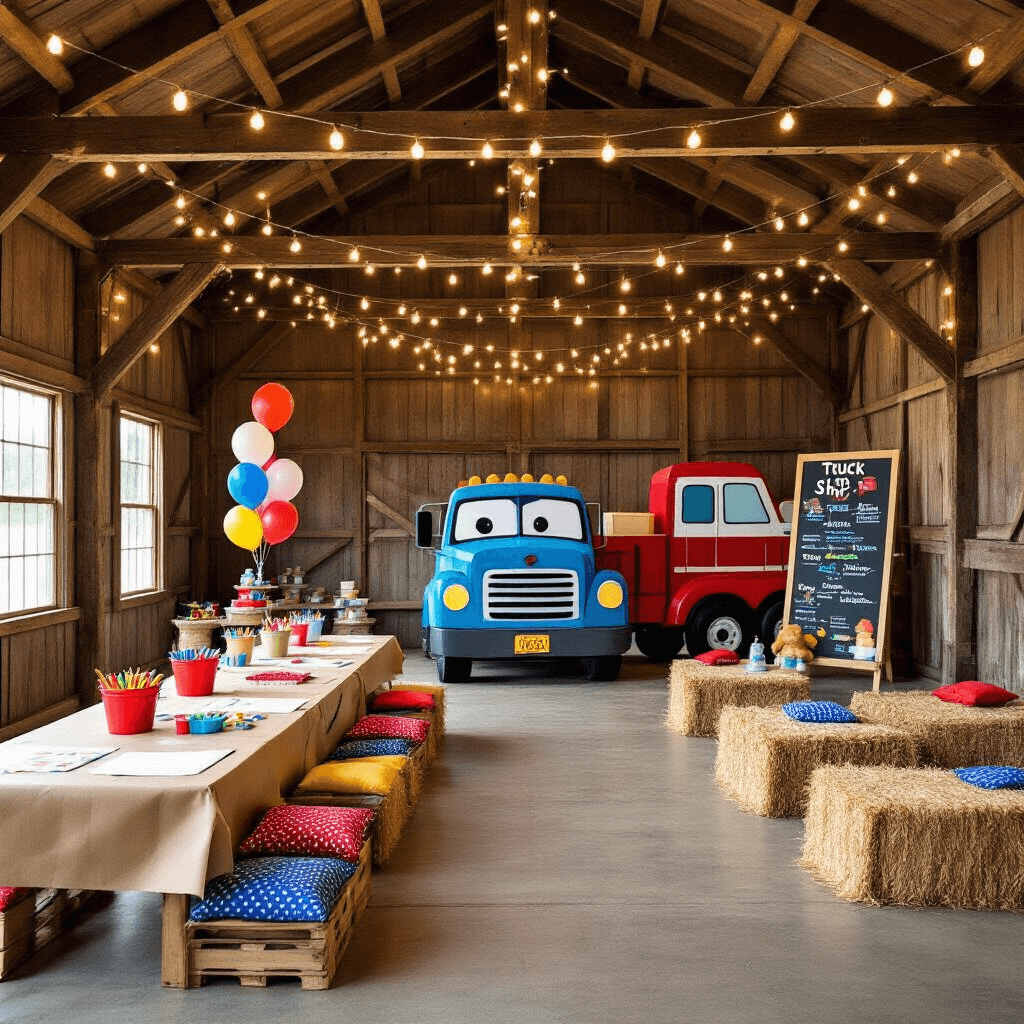 Vroom Vroom! The Ultimate Guide to Throwing an Epic Truck Birthday Party A vibrant truck-themed activity zone inside a rustic barn, featuring long tables with kraft paper for coloring, a large cardboard truck cutout, a 'truck wash' area with bubble machines, hay bale seating with bandana pillows, and fairy lights overhead.