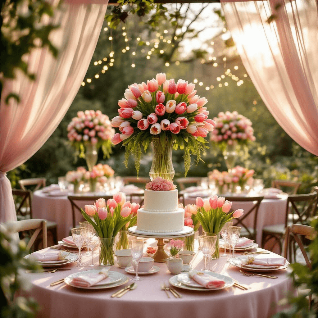 Tulip Birthday Party: A Blooming Celebration of Color and Style A beautifully decorated garden terrace for a tulip-themed birthday party, featuring blush pink tables with tall tulip centerpieces, gold-rimmed glassware, fairy lights overhead, and a dessert table with a tiered cake, all illuminated by warm golden hour light.