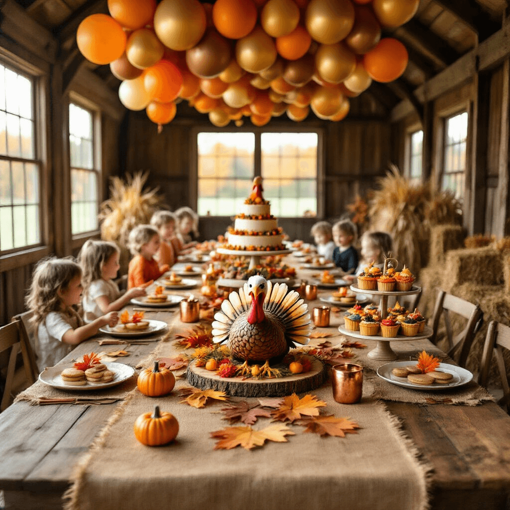 Turkey Birthday Party: A Festive Fall Celebration Guide A whimsical turkey-themed birthday party set in a rustic barn, featuring long wooden tables with burlap runners and colorful fall leaves, turkey figurine centerpieces, a turkey-shaped cake, autumn-themed desserts, and children playing pin-the-feather-on-the-turkey against hay bales.