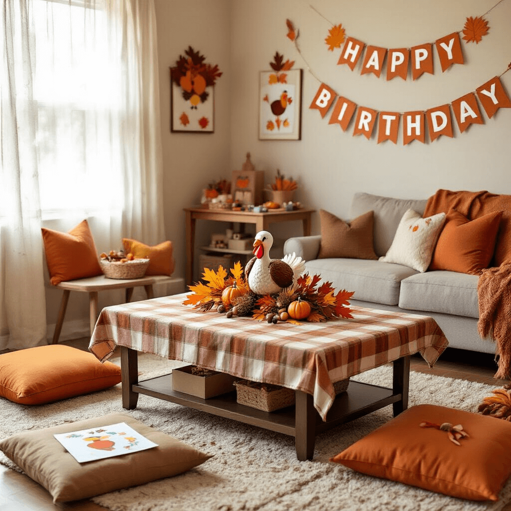 Turkey Birthday Party: A Festive Fall Celebration Guide A cozy living room decorated for a turkey-themed birthday gathering, featuring a plaid coffee table centerpiece with faux autumn leaves and a turkey figurine, warm-colored floor pillows for seating, a craft station with turkey-themed supplies, handmade turkey artwork on the walls, and gifts wrapped in kraft paper.
