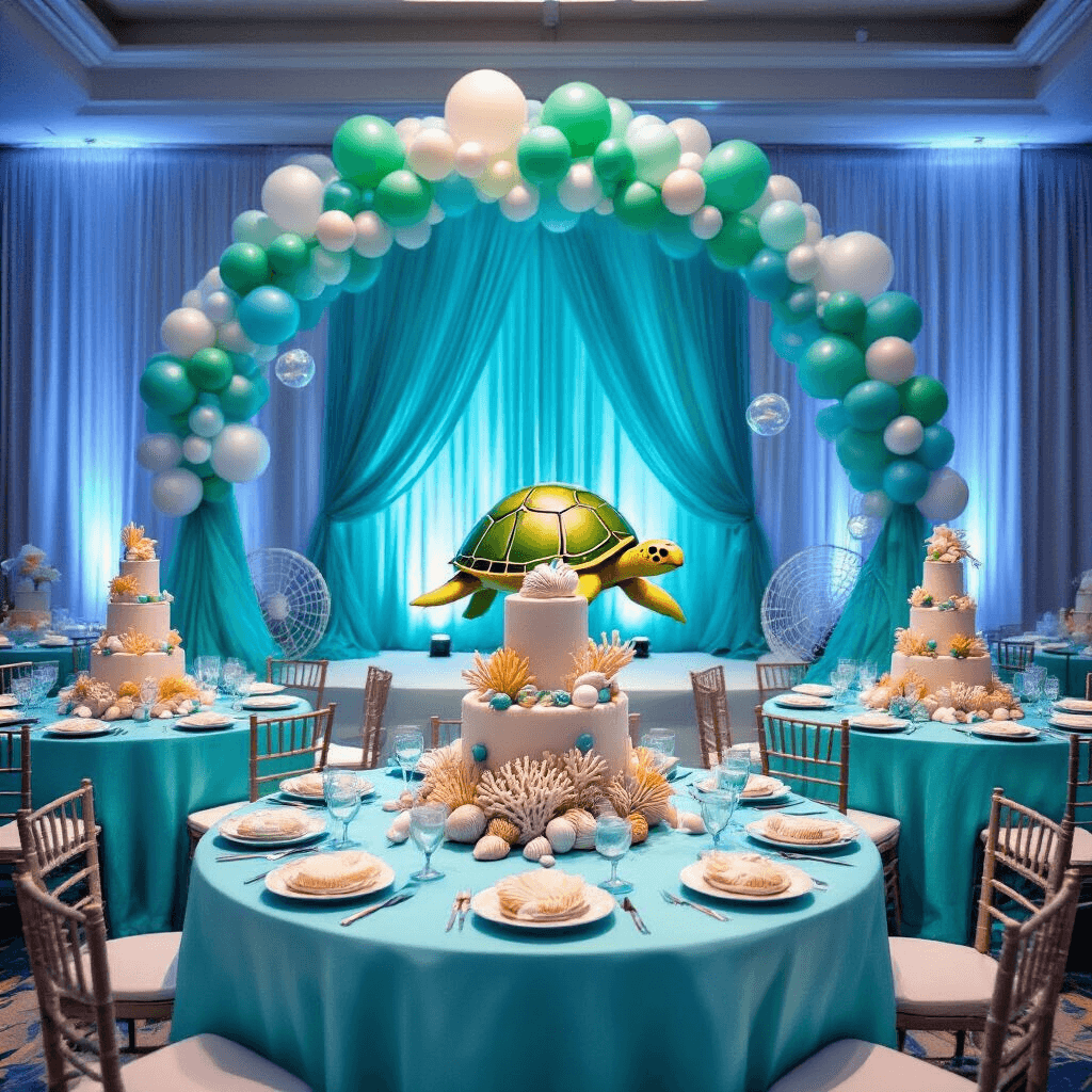 Turtle Birthday Party: A Whimsical Underwater Celebration Guide A whimsical underwater-themed birthday party in a ballroom, featuring soft blue uplighting, sheer teal drapery, ombré blue table linens with coral and seashell centerpieces, a turtle shell cake with sand-colored macarons, and balloon arches in green, blue, and pearl white, alongside oversized turtle cutouts and fishing nets, all creating a magical aquatic atmosphere.