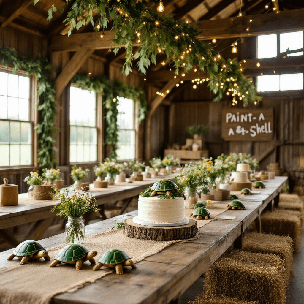 Turtle Birthday Party: A Whimsical Underwater Celebration Guide A rustic barn transformed for a turtle-themed birthday celebration, featuring soft morning light, garlands, tables with burlap runners and mason jars, a dessert table with a naked cake and turtle topper, and children's activity stations with hay bales.