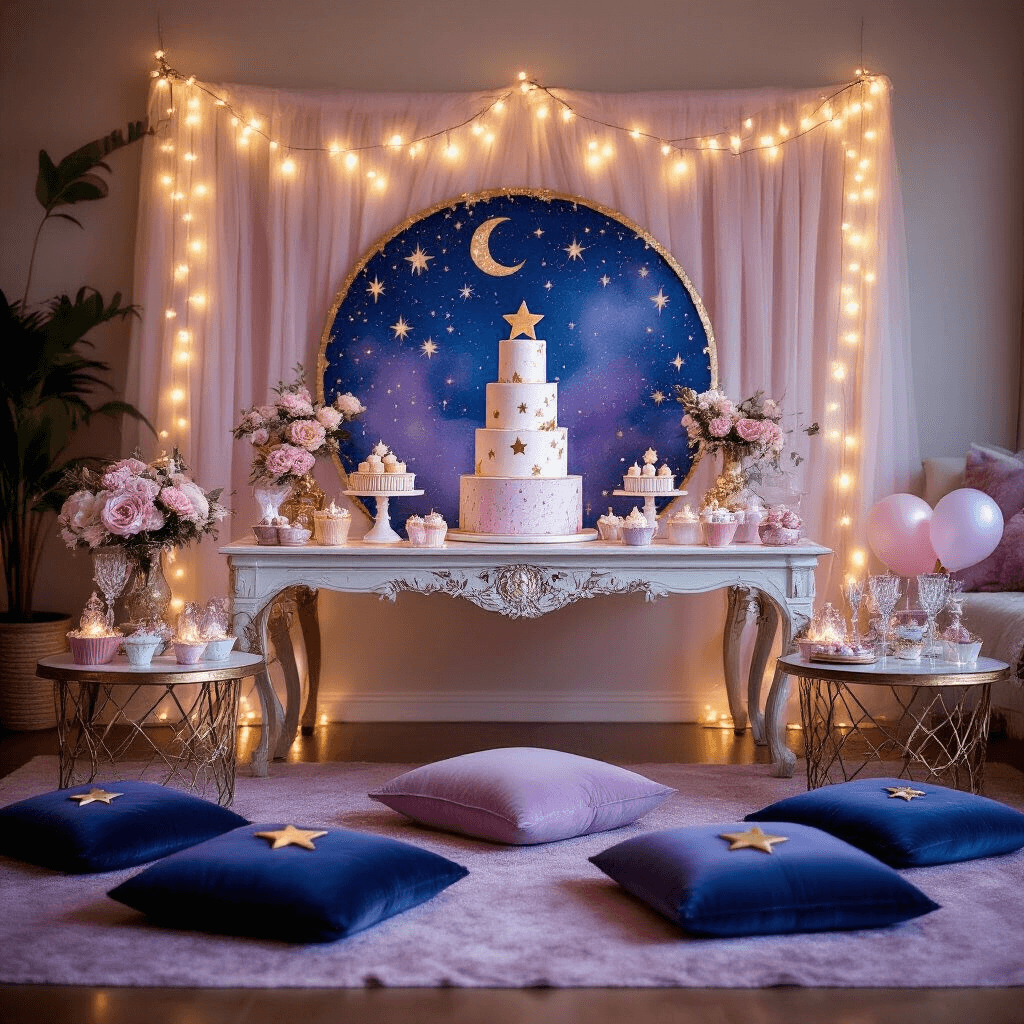 Twinkle Twinkle Little Star: The Ultimate Celestial Birthday Party Guide A cozy living room adorned for a dreamy celestial-themed first birthday party, featuring fairy lights, blush pink and lavender decorations, a hand-painted constellation backdrop, an ornate cake table with a star-shaped cake, glittery cupcakes, and star-shaped balloons, all captured in soft twilight.