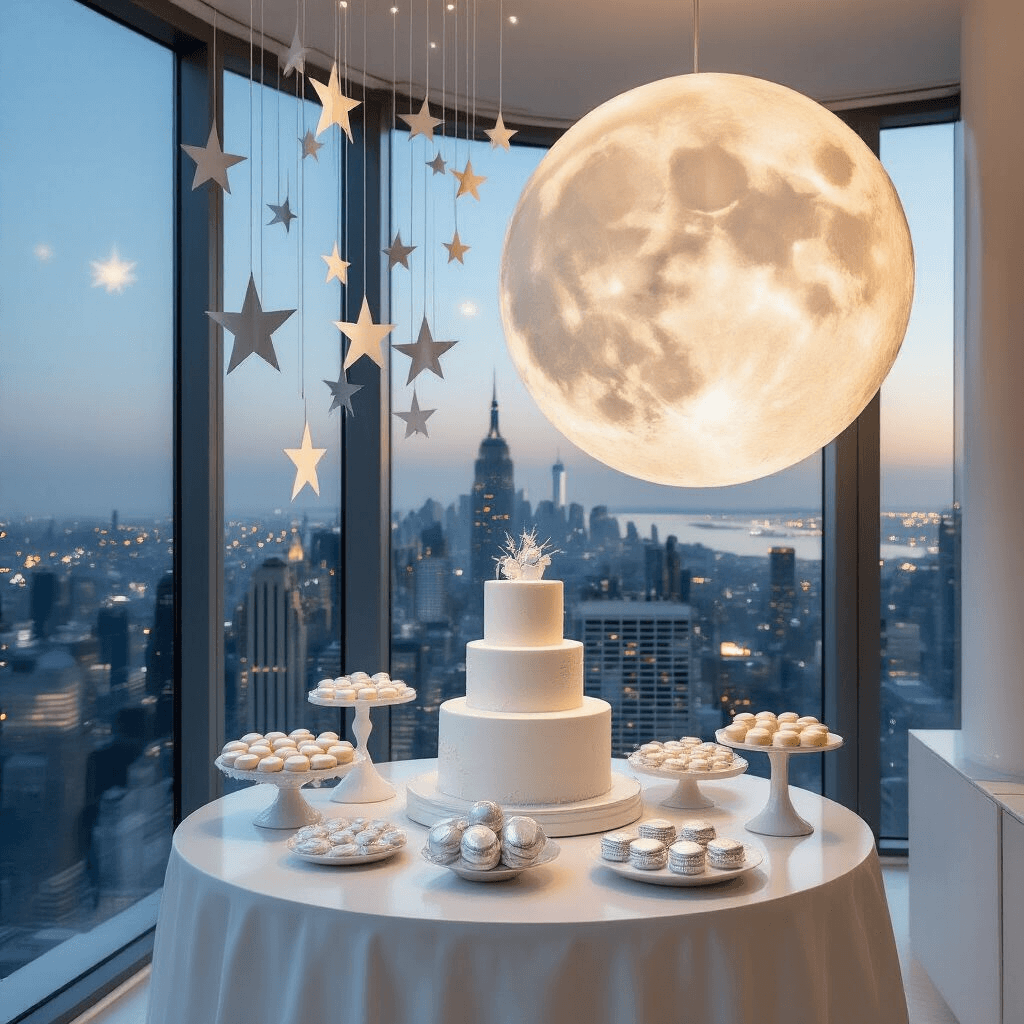 Twinkle Twinkle Little Star: The Ultimate Celestial Birthday Party Guide A modern apartment interior featuring a luxe minimal celestial theme, with floor-to-ceiling windows showcasing a city skyline at dusk. The space has a monochromatic color scheme of whites and metallics, highlighted by a moon-shaped balloon installation and suspended paper stars. An all-white dessert station includes a cake with edible silver leaf and star-shaped macarons, all captured in a wide-angle shot that contrasts the sleek interior with twinkling city lights outside.